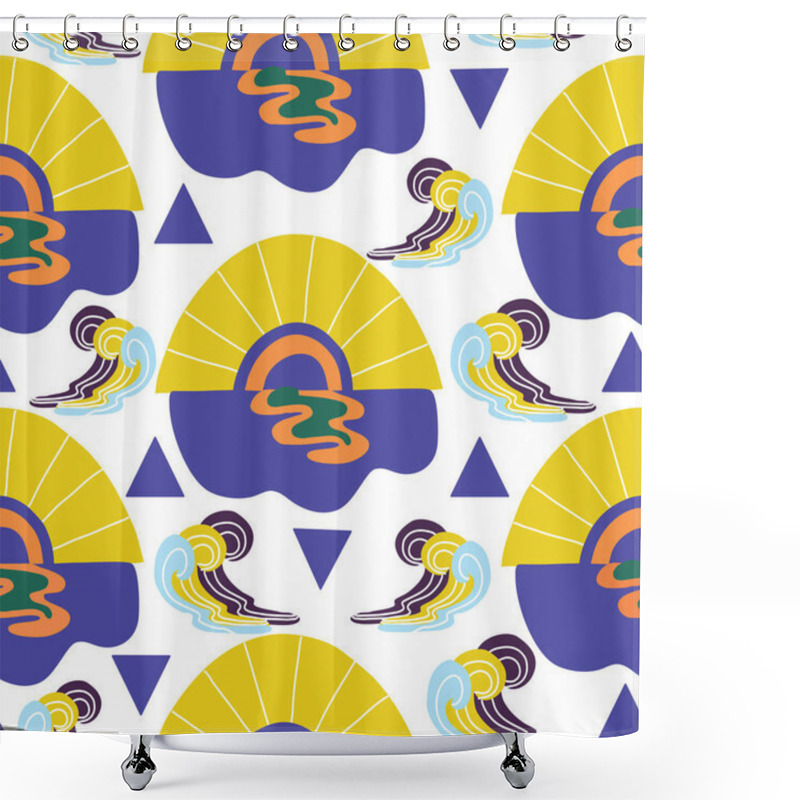 Personality  Sun, Water And Waves, In A Groovy Seamless Pattern, That Can Be Used Both For Web, Or For Print, In Surface Pattern Design Shower Curtains