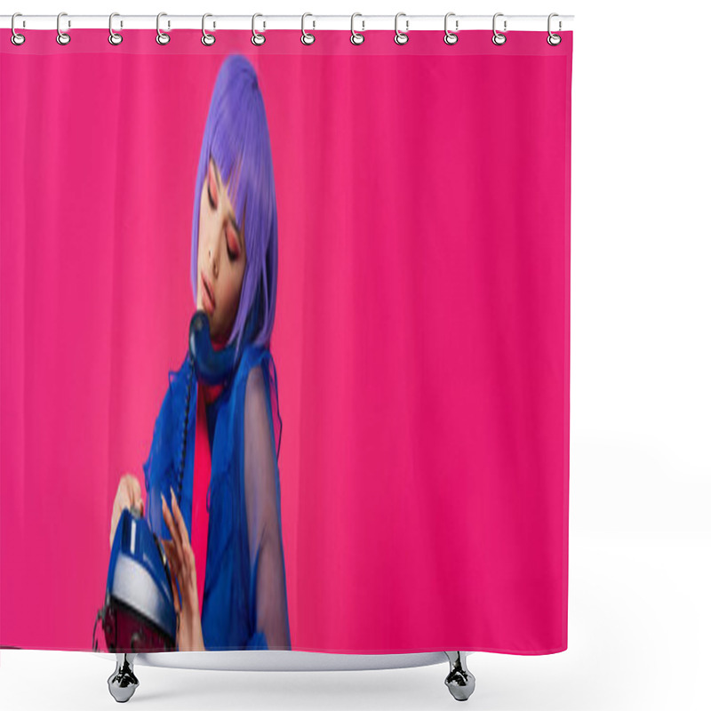 Personality  Panoramic Shot Of Beautiful Trendy Girl In Purple Wig Talking On Retro Phone, Isolated On Pink Shower Curtains