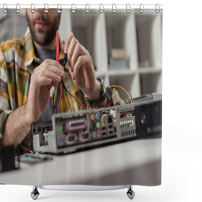 Personality  Cropped Image Of Man Holding Wires In Hands While Fixing Computer  Shower Curtains