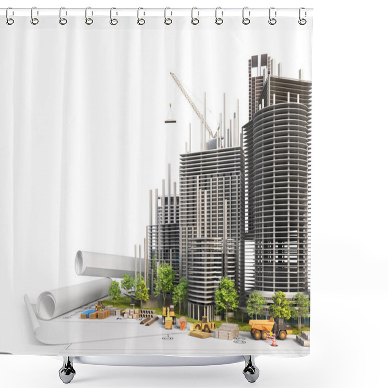 Personality  Skyscrapers On The Blueprint. Construction Concept. 3d Illustration Shower Curtains