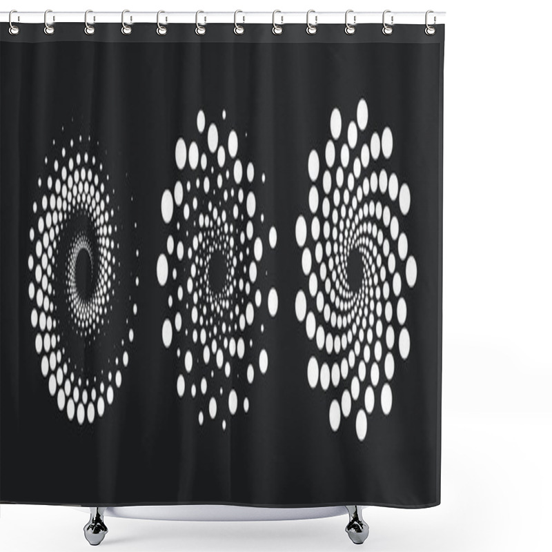 Personality  Abstract Dotted Spiral Geometric Shapes Collection. Black And White Halftone Optical Illusion, Aesthetic Op Art Design Element. Flat Vector Art Shower Curtains