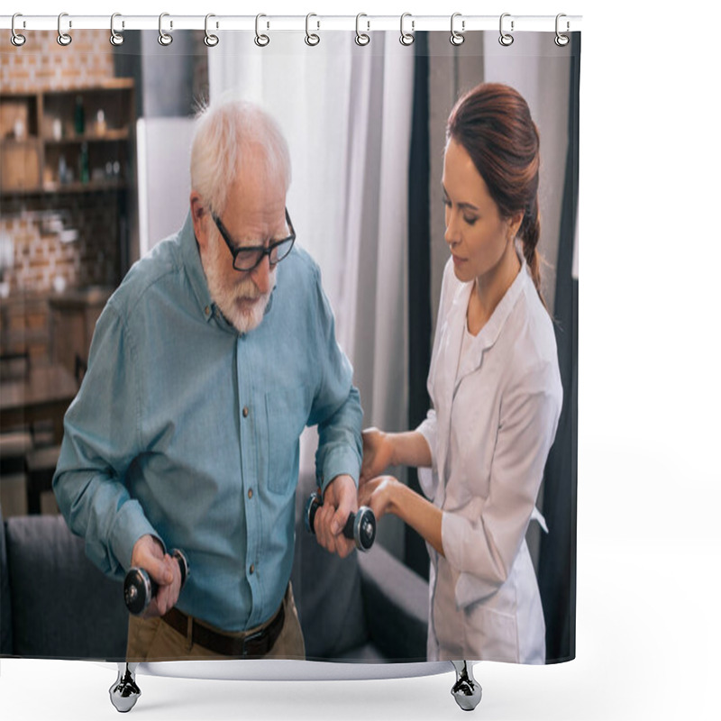 Personality  Female Doctor And Senior Man With Dumbbells During Physiotherapy Shower Curtains