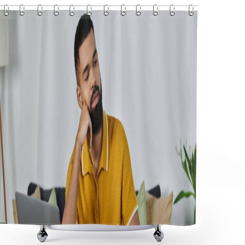 Personality  A Handsome Man Ponders Ideas While Relaxing At Home With His Laptop. Shower Curtains