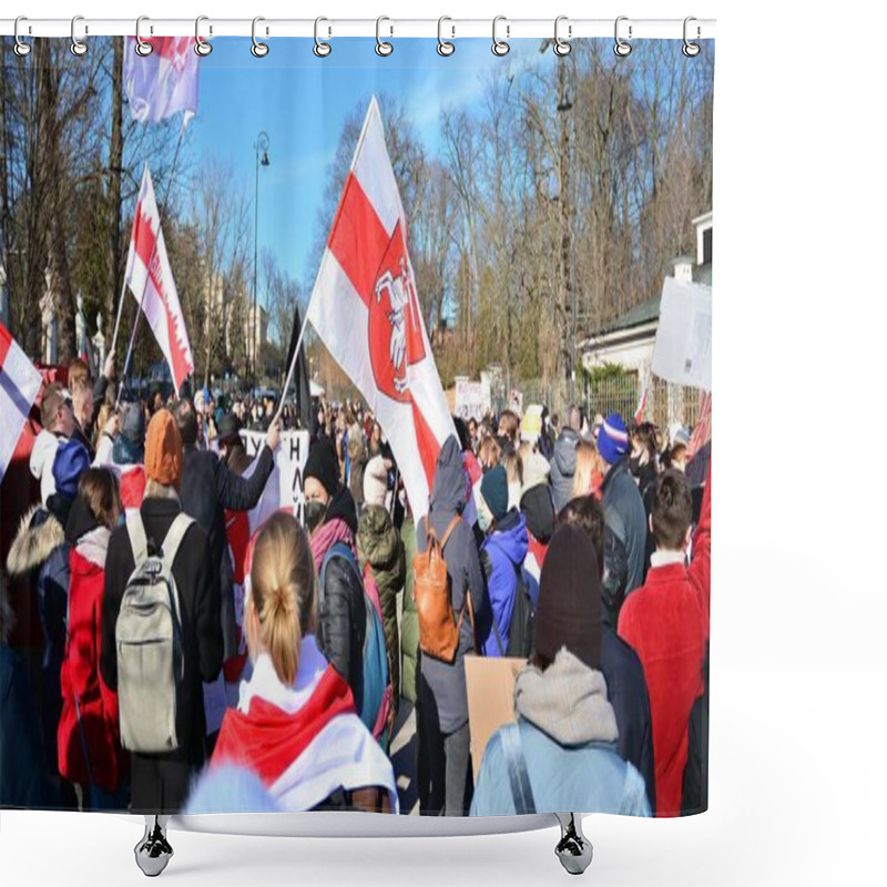 Personality  Warsaw, Poland. 24 February 2022. Anti-war Protest Outside Russian Embassy In Warsaw. Demonstrators Call For Peace And Condemn Putin.  Shower Curtains