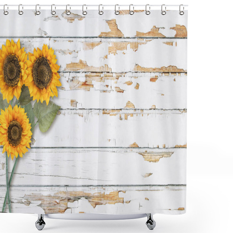 Personality  Wood Texture Floral Sunflower Farmhouse Decoration. Bright Wooden Background Shower Curtains