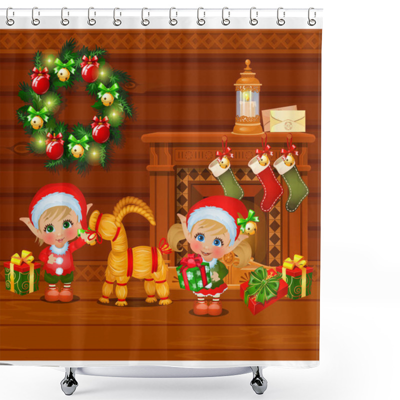 Personality  Inside The Old Cozy Wooden Village House. Home Furnishing. Boy And Girl Santa Claus Helpers And Straw Sheep. Sketch Of Christmas Festive Poster, Party Invitation, Holiday Card. Vector Cartoon. Shower Curtains