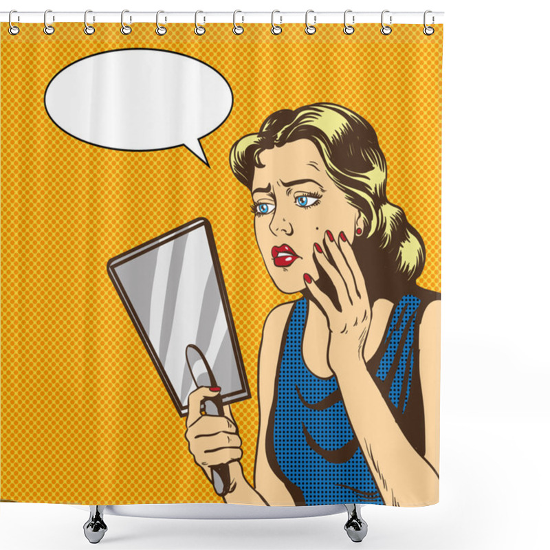 Personality  Woman Looks At The Mirror Vector Illustration In Retro Comic Pop Art Style. Speech Bubble Shower Curtains