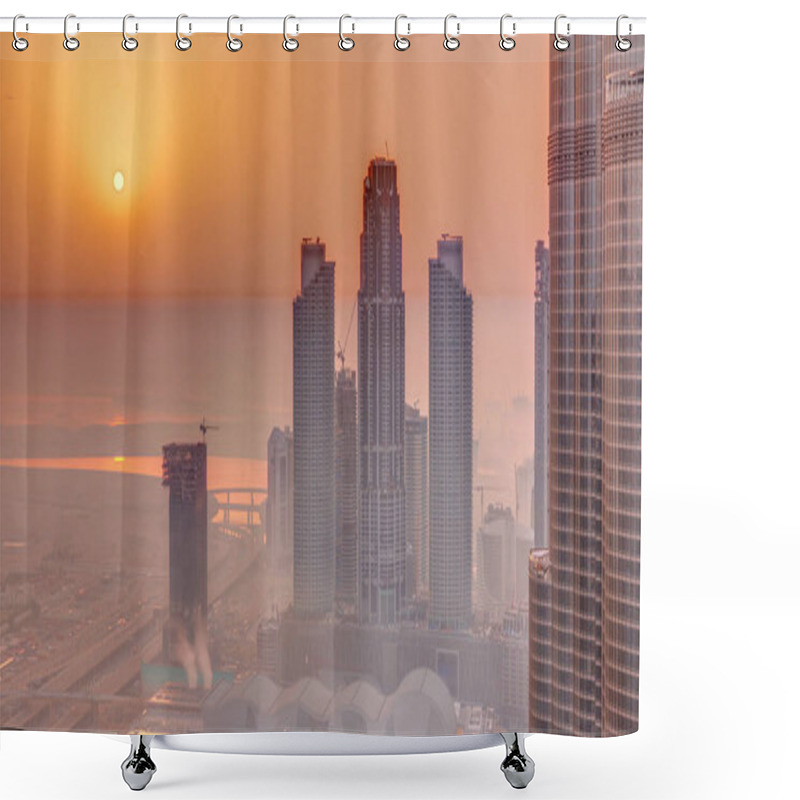 Personality  Amazing Sunrise Aerial View Of Dubai Downtown Skyscrapers Morning Timelapse With Haze, Dubai, United Arab Emirates. Modern Towers And Construction Site Shower Curtains