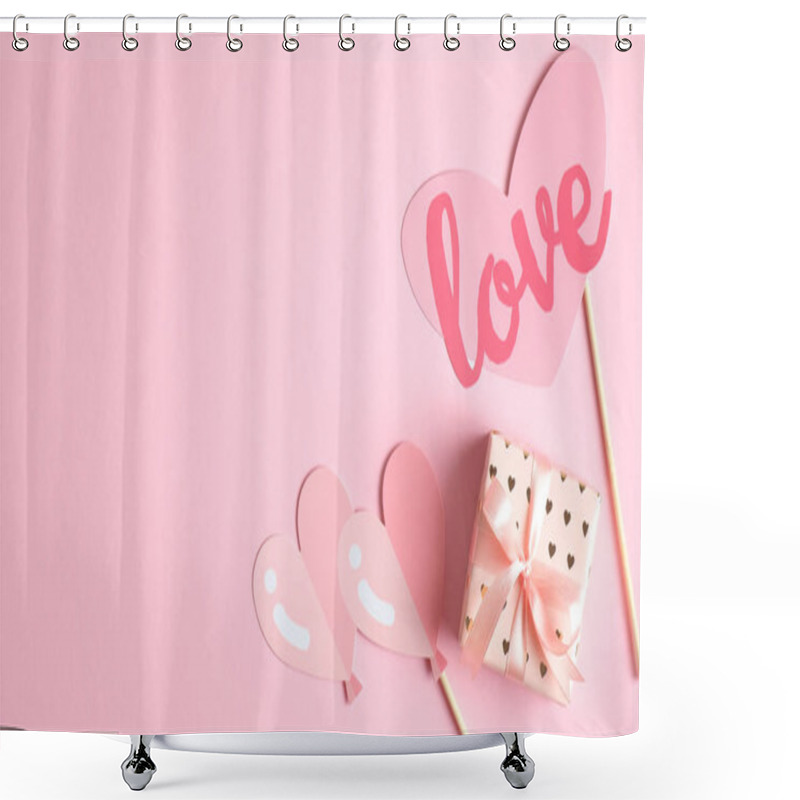 Personality  Valentines Day Banner Template. Gifts And Valentine's Day Hearts Decorations On Pink Background With Copy Space. Creative Design For Party Invitation, Greeting Card. Love And Romance Concept. Shower Curtains