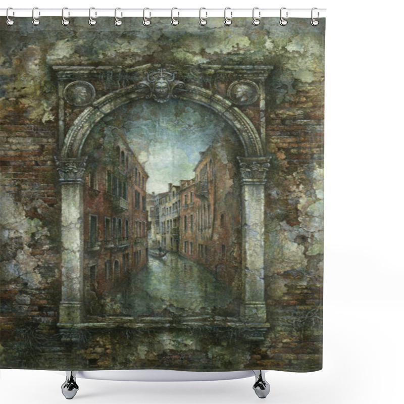 Personality  Damaged Renaissance Frame With A Venetian Cityscape Inside, Acrylic On Paper. Shower Curtains