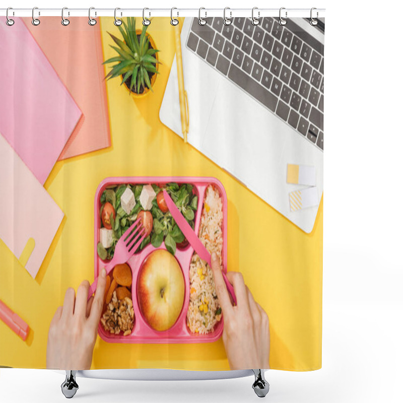 Personality  Cropped View Of Woman Holding Fork Over Lunch Box With Food Near Laptop And Office Supplies Shower Curtains