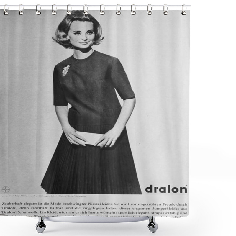 Personality  Viersen, Germany - May 6. 2024: Old German Magazine Advertisement Of Bayer Dralon Synthetic Clothing Fiber With Woman In Jumper Dress From 1961 (focus On Person) Shower Curtains