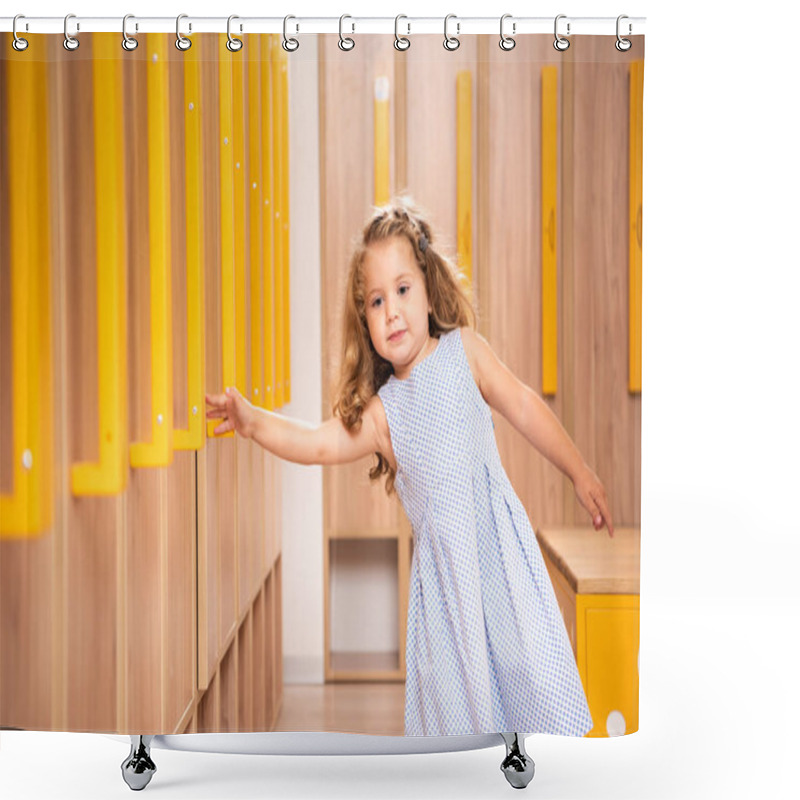 Personality  Adorable Kid Standing In Kindergarten Cloakroom And Taking Locker Handle Shower Curtains