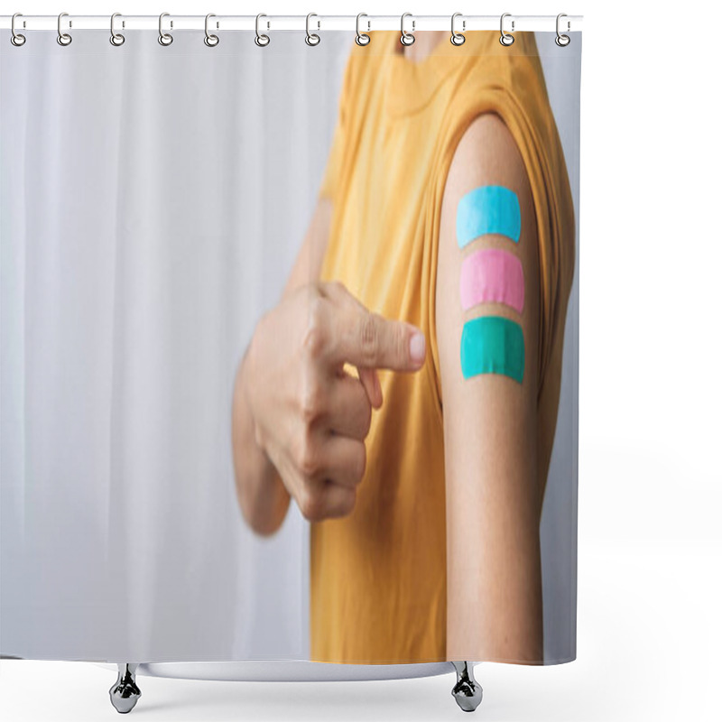 Personality  Woman Showing Plaster After Receiving Covid 19 Vaccine. Vaccination, Herd Immunity, Side Effect, Booster Dose, Vaccine Passport And Coronavirus Pandemic Shower Curtains