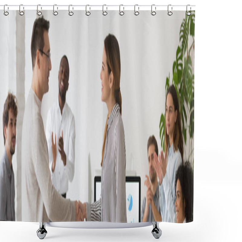 Personality  Company Ceo Handshaking With Promoted Female Employee Congratulating With Success Shower Curtains