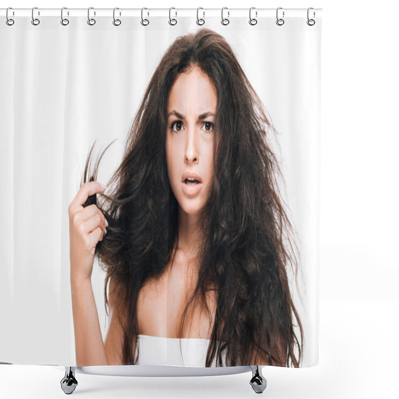 Personality  Stressed Brunette Beautiful Woman Holding Damaged Dry Hair Isolated On White Shower Curtains