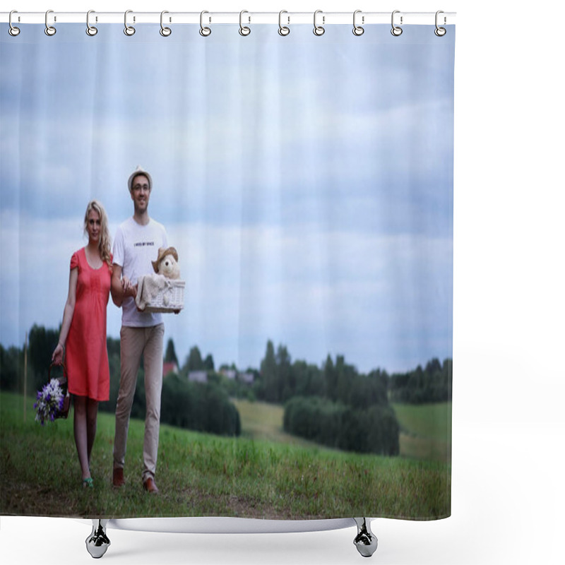 Personality  Pregnant Girl With Big Belly And Young Man Outdoor Shower Curtains