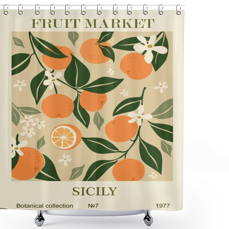 Personality  Abstract Fruit Market Sicily Retro Poster. Trendy Contemporary Wall Art With Orange Fruit Design In Sage Green Colors. Modern Naive Groovy Funky Interior Decoration, Painting. Vector Illustrations Shower Curtains