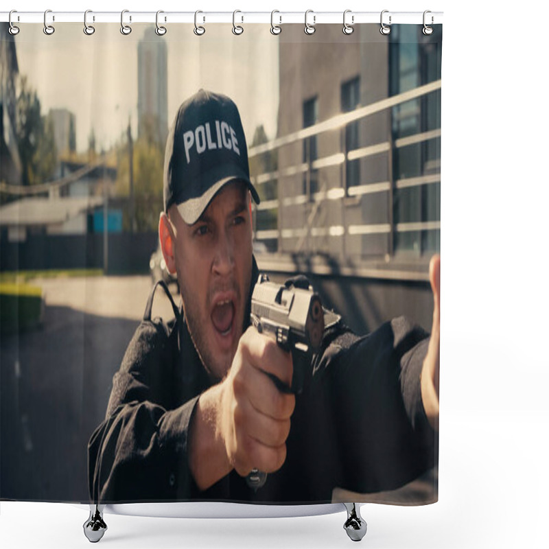 Personality  Young Policeman In Uniform And Cap Holding Gun While Screaming On Urban Street  Shower Curtains