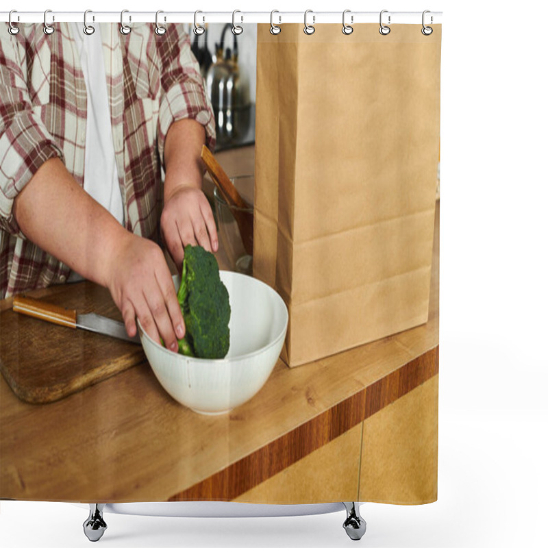 Personality  Young Woman Enjoys Cooking As She Prepares Broccoli In A Cozy Kitchen Setting. Shower Curtains