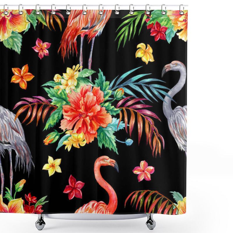 Personality  Seamless Pattern Of Tropical Flowers And Flamingos On A Black Background. Hibiscus, Plumeria, Palm Leaves In A Beautiful Tropical Pattern. Shower Curtains