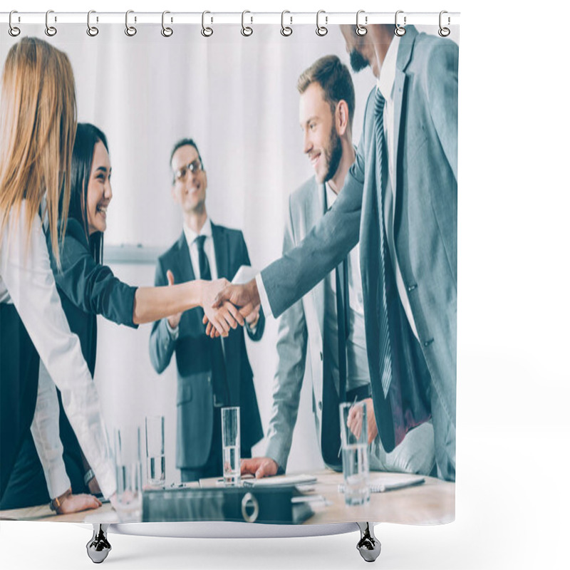 Personality  Multicultural Businesspeople Shaking Hands In Conference Hall Shower Curtains