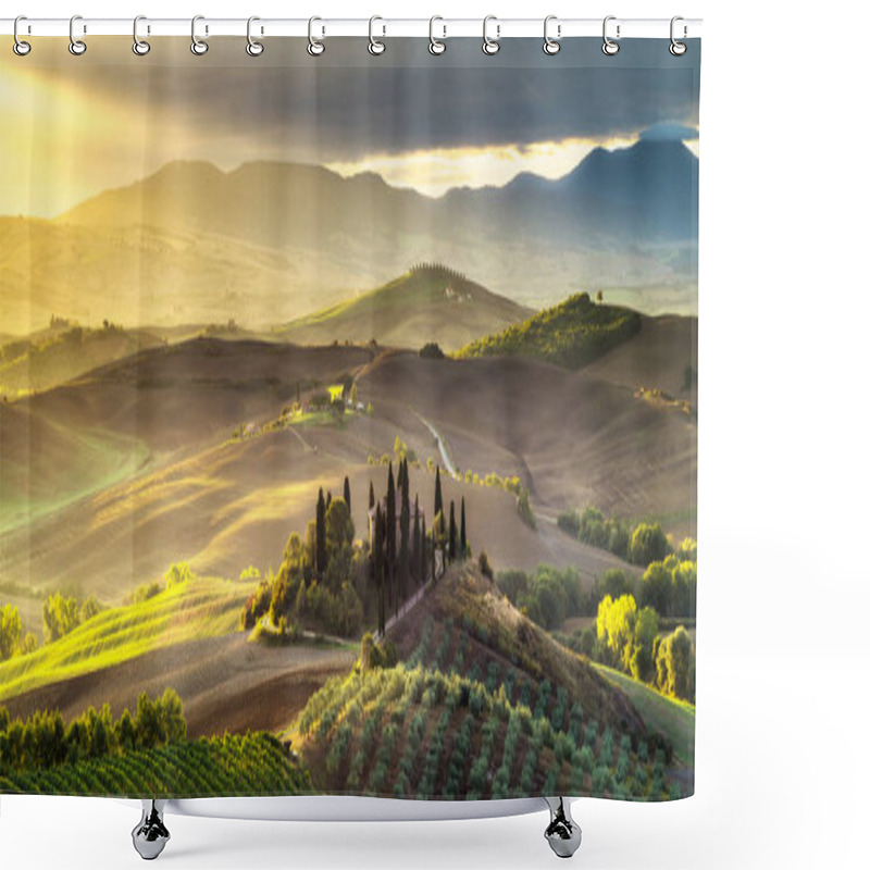 Personality  Pienza,Italy-September 2015:the Famous Tuscan Landscape At Sunrise Shower Curtains