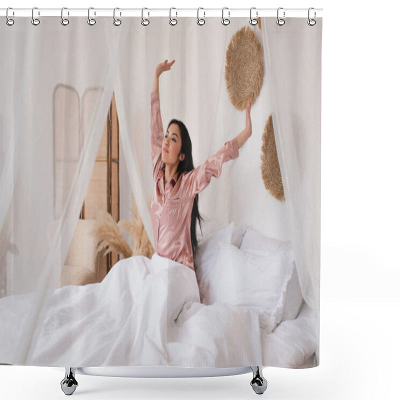 Personality  Young Asian Woman In Silk Pajamas Waking Up With Outstretched Hands In Bedroom Shower Curtains