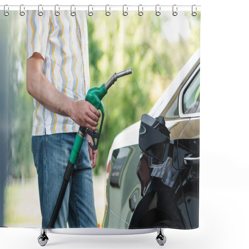 Personality  Cropped View Of Man Holding Fueling Nozzle Near Car With Open Gas Tank Cover Outdoors Shower Curtains