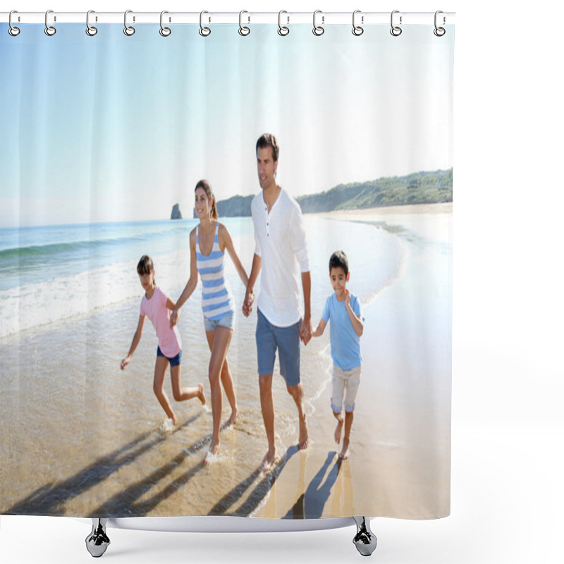 Personality  Family Having Fun Running On The Beach Shower Curtains