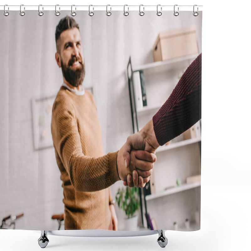 Personality  Selective Focus Of Smiling Adult Man Shaking Hands With Partner In Office Shower Curtains