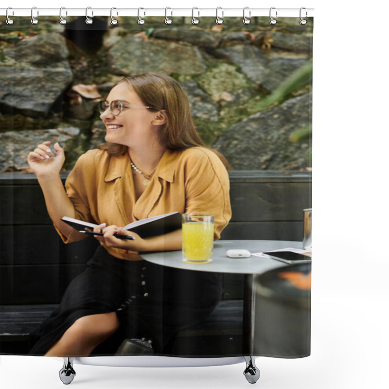 Personality  In A Cozy Cafe, A Young Woman Radiates Joy While Enjoying Her Drink And Jotting Down Thoughts, Showcasing Her Active Lifestyle. Shower Curtains