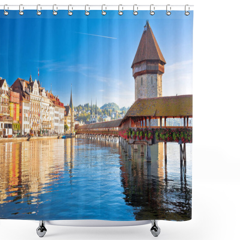 Personality  Luzern Wooden Chapel Bridge And Tower Panoramic View, Landmark In Town In Central Switzerland Shower Curtains