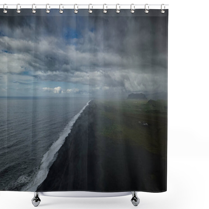 Personality  A Dramatic Aerial Composition Showcasing A Black Sand Beach Reynisfjara Stretching Endlessly, Juxtaposed With Moody Clouds And Tranquil Ocean Waters. A Breathtaking Depiction Of Nature's Raw Beauty And Contrasts In Iceland Shower Curtains