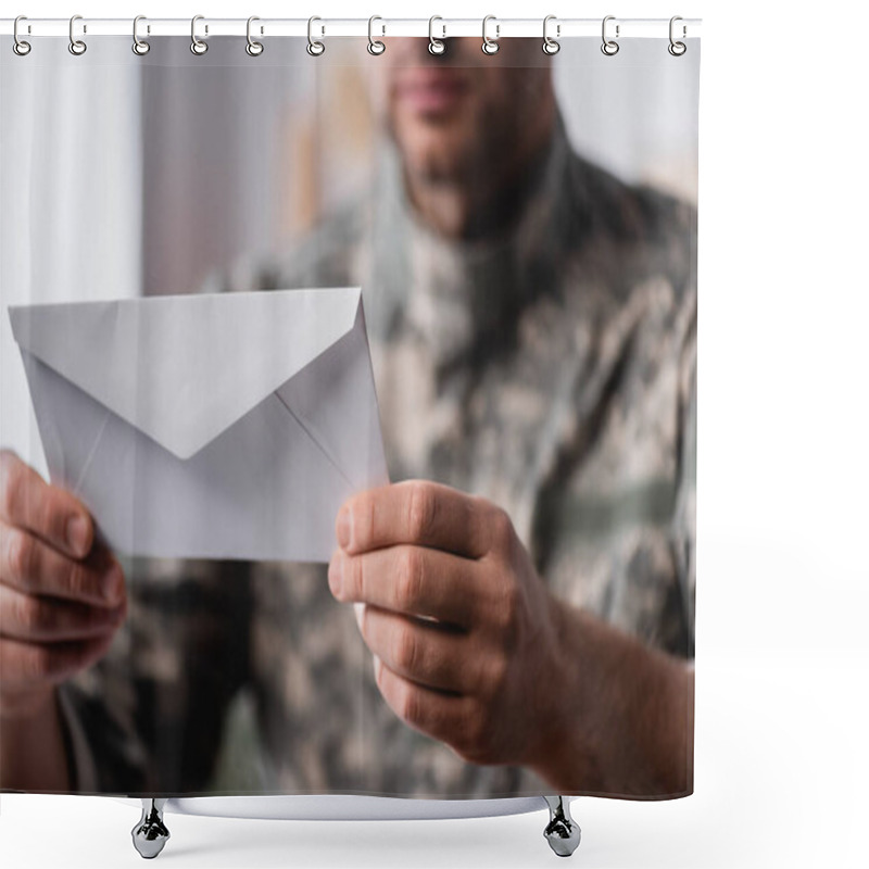 Personality  White Envelope In Hands Of Military Man On Blurred Background Shower Curtains