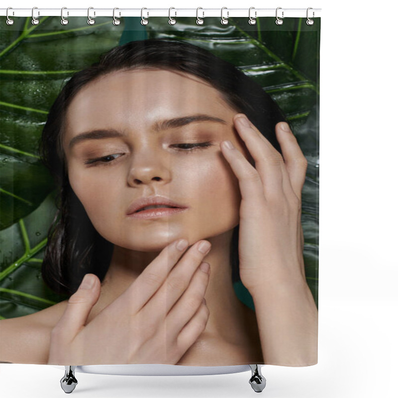 Personality  A Woman With Flawless Skin Poses Against A Vibrant Backdrop Of Lush Green Foliage. Shower Curtains