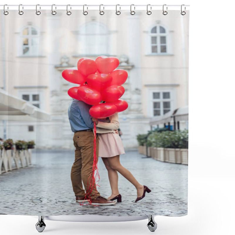 Personality  Happy Young Couple Embracing While Hiding Behind Red Heart-shaped Balloons On City Square Shower Curtains