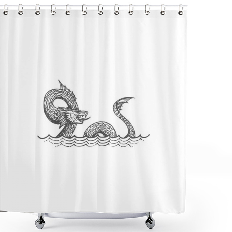 Personality  Leviathan Mythical Creature, Sea Serpent In Judaism Isolated Monochrome Sketch. Vector Selma Norwegian Folklore Monster, Legendary Leviathan Dragon Mythical Creature, Water Dinosaur, Underwater Beast Shower Curtains