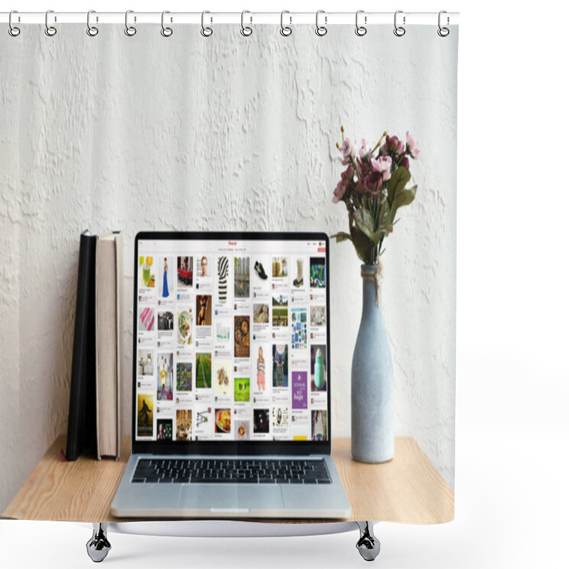 Personality  Laptop With Pinterest Website On Screen, Books And Flowers In Vase On Wooden Table Shower Curtains