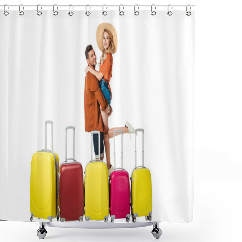 Personality  Side View Of Man Holding Girlfriend On Hands With Suitcases Around Isolated On White Shower Curtains