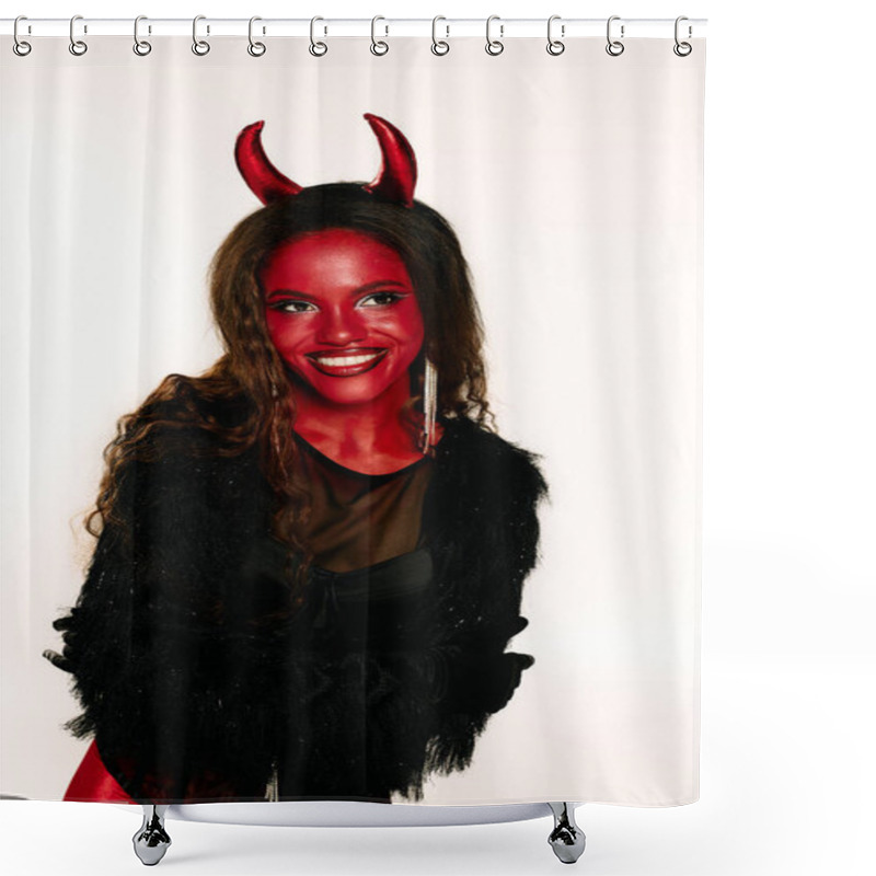 Personality  Dressed As A Devil, The Woman Radiates Joy And Excitement During Halloween Celebrations. Shower Curtains