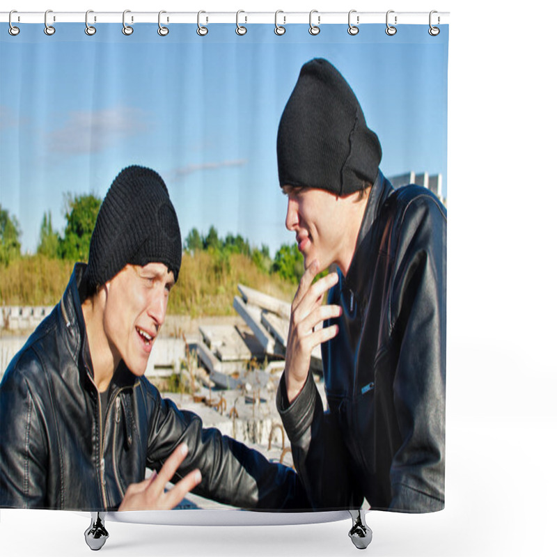 Personality  Two Criminals Discussing Robbery Plan Shower Curtains