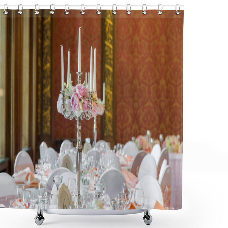 Personality  Candles Burning In A Chandelier On Elegant Dinner Table Shower Curtains