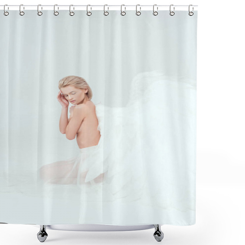 Personality  Beautiful Woman With Angel Wings Sitting With Eyes Closed Isolated On White Shower Curtains