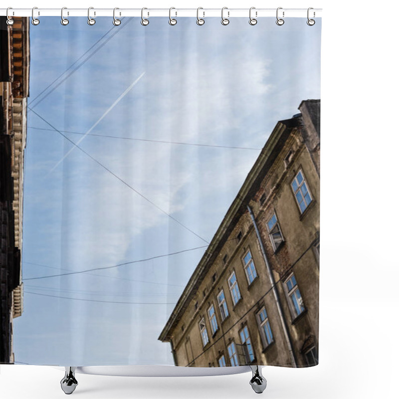 Personality  Low Angle View Of Old Houses And Electrical Wires Against Blue Sky In Lviv, Ukraine Shower Curtains