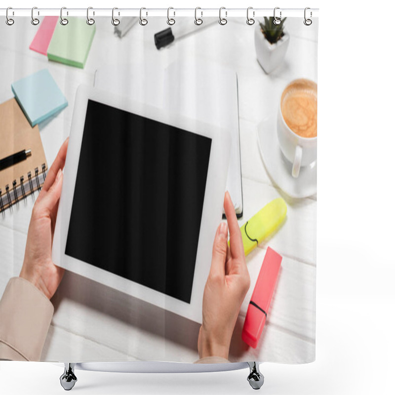 Personality  Cropped View Of Woman Holding Digital Tablet At Workplace With Office Supplies And Coffee Shower Curtains