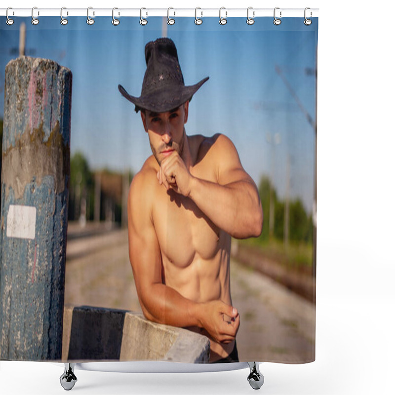 Personality  Close Up Portrait Of Man In Cowboy Hat. Thoughtful Man In Hat Relax. Vintage Style Man. Wild West Retro Cowboy. Shower Curtains