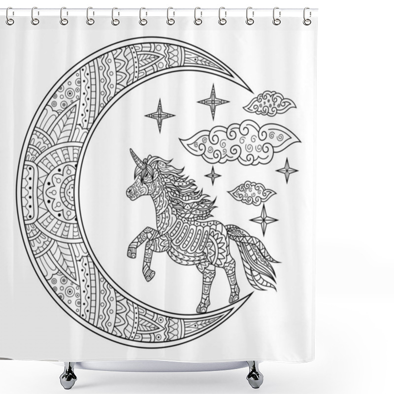 Personality  Hand Drawn Of Unicorn And Moonlight In Zentangle Style Shower Curtains