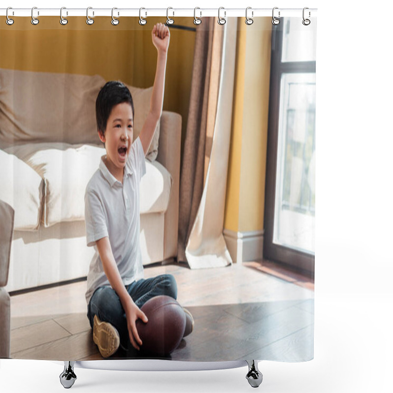 Personality  Happy Asian Boy With Rugby Ball Shouting And Watching Sports Match At Home On Quarantine Shower Curtains