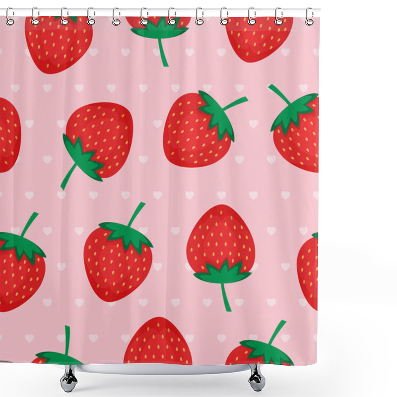 Personality  Seamless Background With Red Strawberries. Vector Strawberry Pattern On Pink Background With Hearts. Design For Wallpapers, Web Pages, Textures, Textile. Shower Curtains